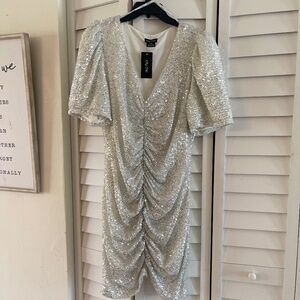 City Chic Bright Nights Ruched Silver Dress